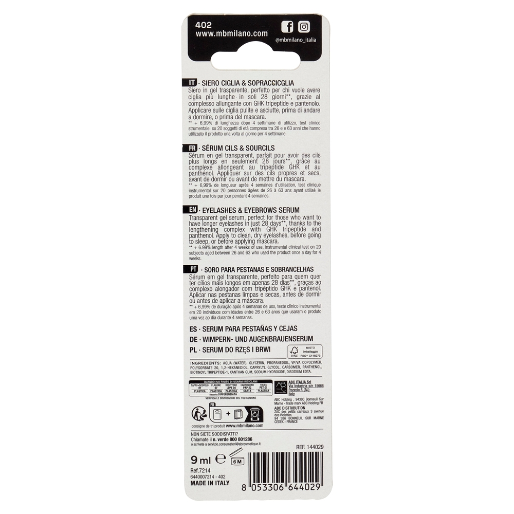 MB Milano Grow Lashes & Brows Serum Siero Ciglia - Sopracciglia Transparent 9 ml